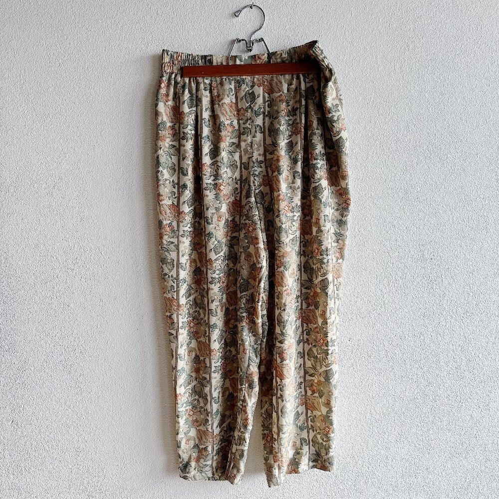 Vintage Floral Silky Pants Brown Flower Baggy Trousers‎